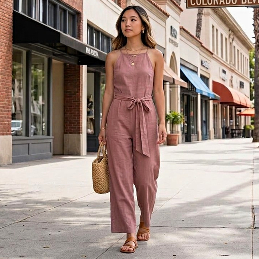 LELIS Women's Beige Linen Rayon Wide-Leg petite Jumpsuit Sz petite SM